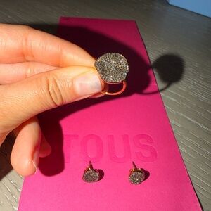 TOUS large 18k vermeil nenufar ring with diamonds paired with earrings studs